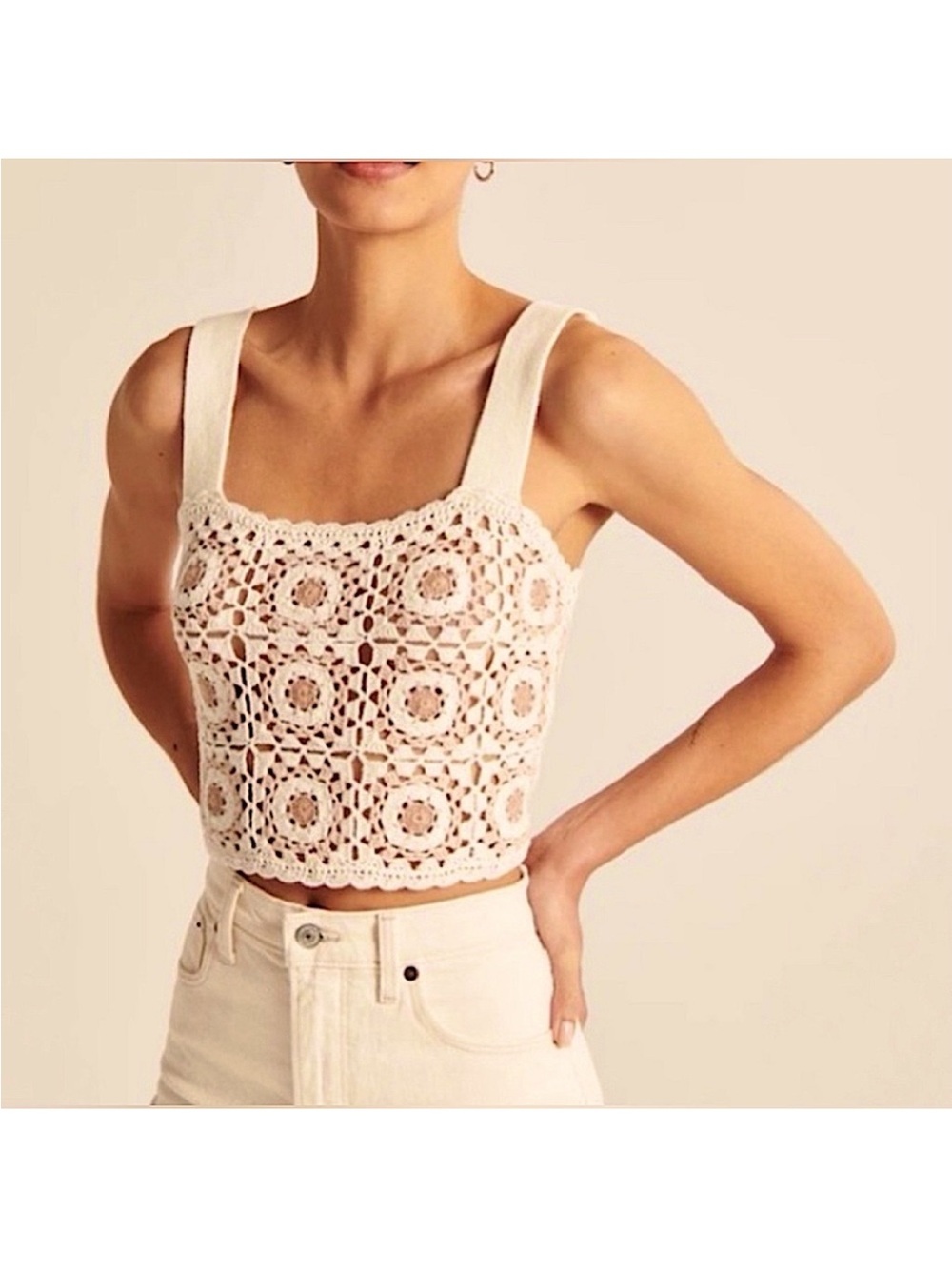 Abercrombie & Fitch Crochet Square Lace Tank Top - Cream